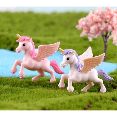 2pcs/set Micro Landscape Elf Unicorn Figurines Pegasus Horse Statue Animal Model Fairy Garden Miniatures Ornaments Craft