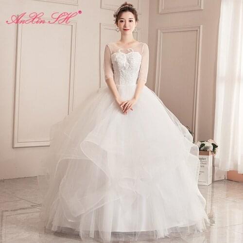 AXJFU princess flower lace white wedding dress dubai party vintage illusion o neck half sleeve bride ruffles wedding dress