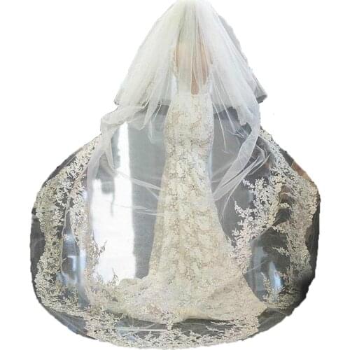 Hot Selling 3M Long Wedding Veils With Appliqued Lace Two Layers Customized White Ivory Champagne Bridal Wedding Veil with Comb