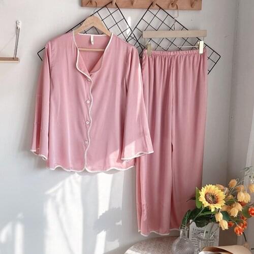 Fdfklak Women Sleepwear Satin Pajamas Sets Long Sleeve Spring Summer New Sleepwear Faux Silk Pajamas Suit Female Homewear