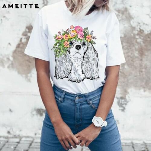 Cavalier King Charles Spaniel Floral Print T-Shirt Summer Women T-Shirt Cute Girl Casual Tops Pet Dog Design Woman White Tees