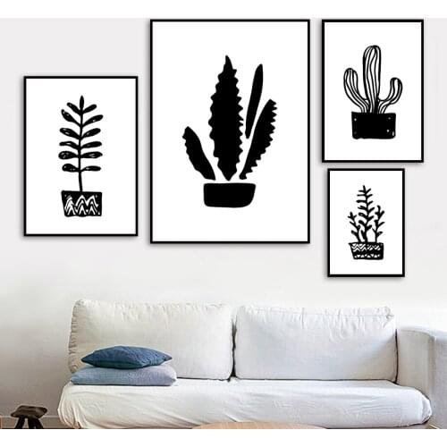 Canvas Art Print Cactus Small Leaves Plant Wall Painting Black White Nordic Posters And Prints Wall Pictures Kids Room