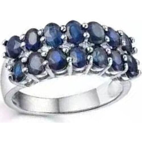 X yan Fashion Two Rows Blue Crystal Zircon Ring Silver Color Oval Rhinestone Rings for Women Wedding Jewelry Engagement