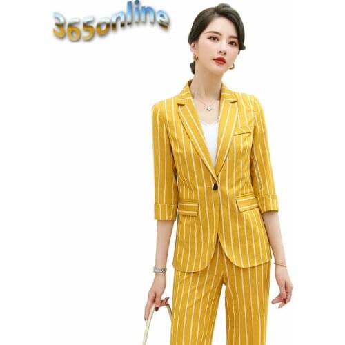 Fashion Striped OL Styles Pantsuits with Wide Legs Pants and Jackets Coat for Women Professional Blazers Summer Half Sleeve