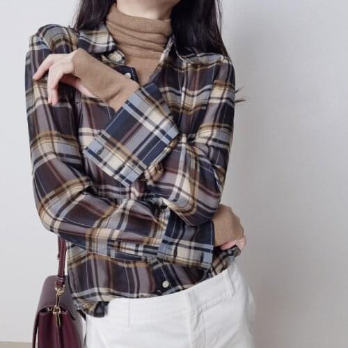 New literature and art Lapel Brown Blue Plaid Long Sleeve Silk Chiffon shirt womens medium length sunscreen shirt