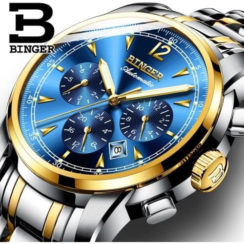 Luxury BINGER Brand Watch Men Luminous Automatic Mechanical Watches Waterproof MenS Full Steel Clock Multifunctional Blue Dial