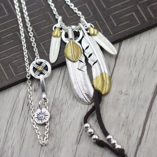 Takahashi Goros S925 Sterling Silver Flying Bird Horn Chain Deer Leather Rope Retro Thai Silver Set Necklace Men And Women