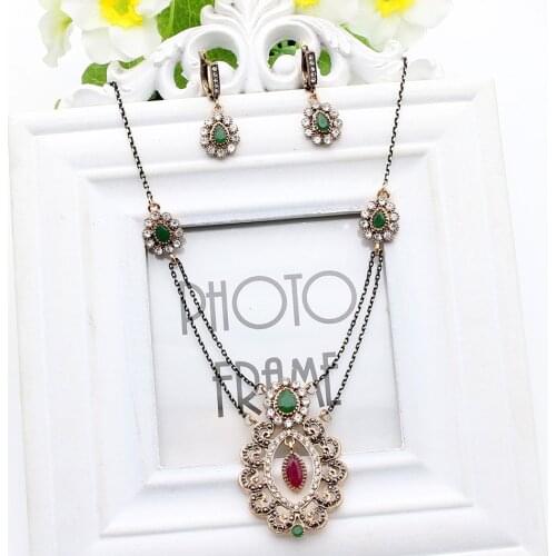 Vintage Women Flower Jewelry Sets Turkish Long Necklace Resin Drop Earring Antique Gold Color India Peacock Bridal Jewelry Sets