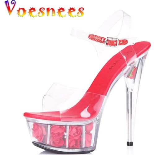 Voesnees Women Summer Sandals 2021 Crystal Platform Sandals Rose Flower High-heeled Shoes 15 cm Fashion Shows Thin Heels Shoes