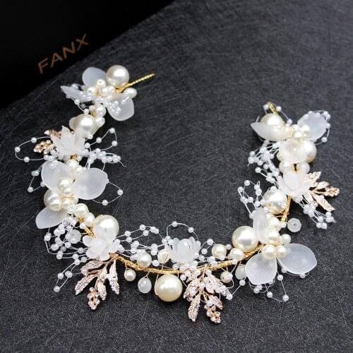 KMVEXO Handmade Crystal White Flowers Hair Bands Pearl Ribbon Yarn Wedding Headbands Bridal Head Pieces For Women Tiaras Jewelry