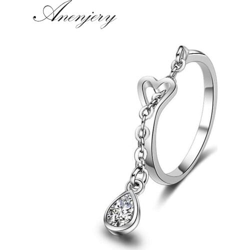 ANENJERY 925 Sterling Silver Jewelry Zircon Water Drop Love Heart Rings For Women Wedding Rings anillos mujer S-R234