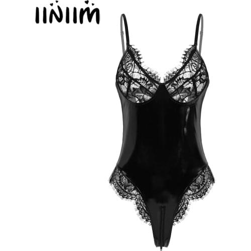 Womens Adult Wetlook Leather Lingerie Teddies Bodystocking Bodycon Straps Lace Cups Zippered Crotch Sexy Bodysuit Sissy Clubwear