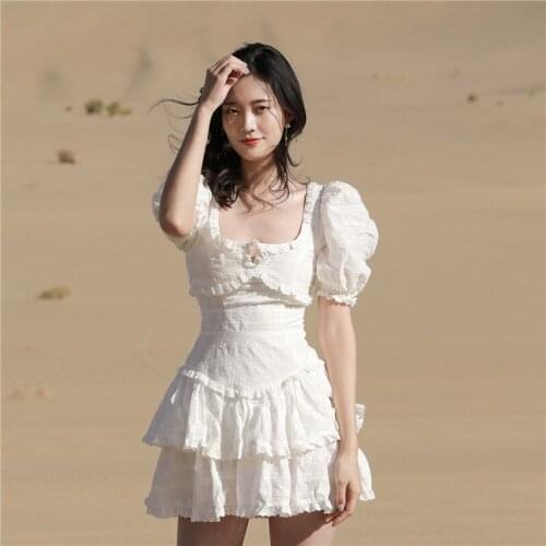 Real Picture Fashion Embroidery Women White Dress Puff Sleeves Ruffles Patchwork Lady Short Dresses Prom Vestidos