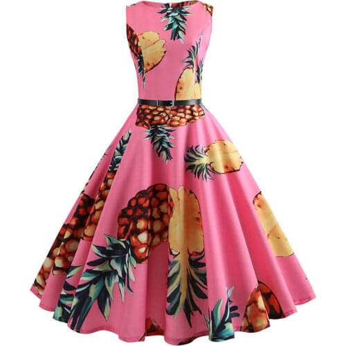 Pineapple Print Vintage Dress Women Summer Pin Up Retro 50s Rockabilly Sleeveless A-Line Midi Party Dresses Belt Plus Size