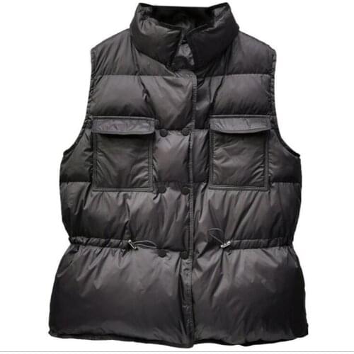 Autumn/Winter Women/Girl Stand Collar Double Row Button Sleeveless White Duck Down Vest Pure Color Casual Thin Slim Waistcoat