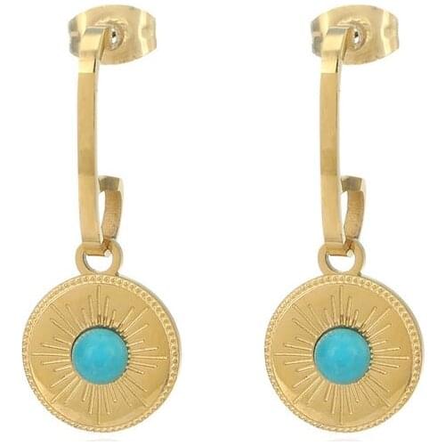 Statement Textured Round Drop Earrings With Blue Stone Waterproof Gold Color Stainless Steel Charm Earrings Jewelry Party Gift