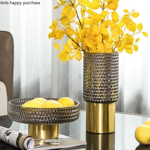 European Copper Base Glass Vase Flower Arrangement Dried Flower Countertop Decoration Electroplating Hydroponic Vase Home Decor
