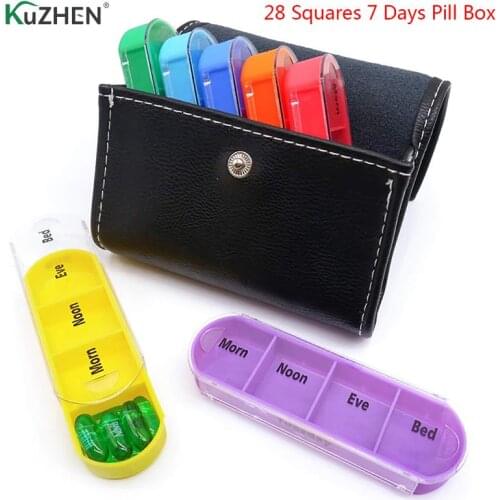Weekly 28Slots Pill Storage Box For Medications Supplements Vitamins + PU Leather Case 7 Days Pill Medicine Box Holder Organizer
