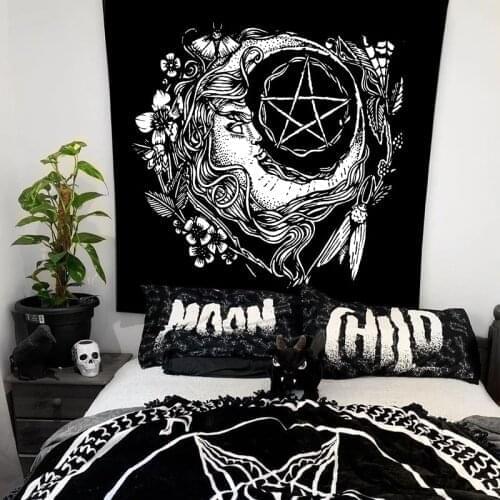 Witch Wall Tapestry Gothic Moon Phases Wall Tapestry Dark Art Cat And Dog Tapestry for Room Black Blanket Home Wall Decorations