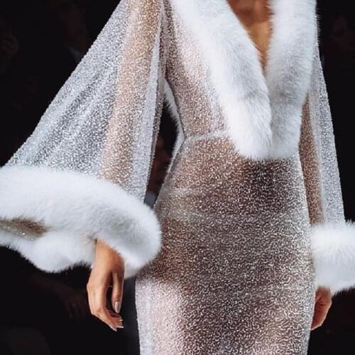 White Fur Bathrobe See Through Womens Prom Gown Bathrobe Night Dress Sleepwear Womens Sleep Gowns Robe Lingerie