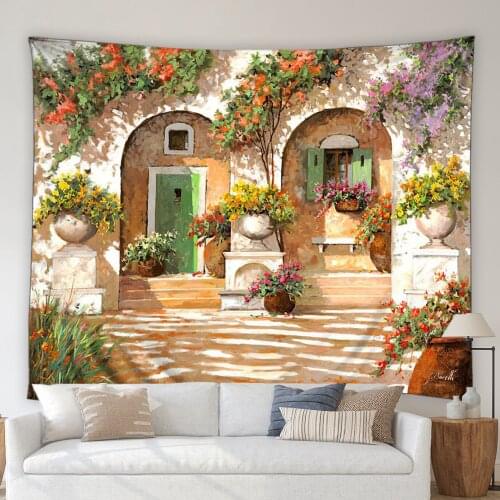 Oil Painting Scenery Tapestry Retro Windows Flowers Green Leaves Plants Ocean Landscape Living Room Bedroom Wall Hanging Blanket