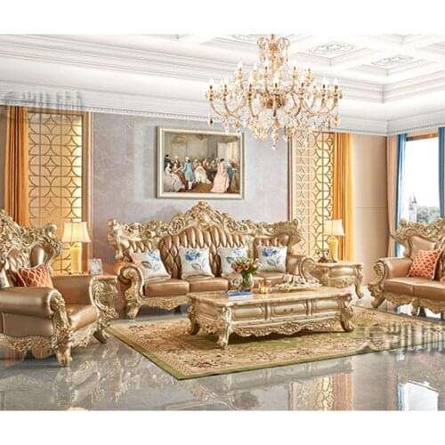 European-style Large-sized Leather Sofa Combination, American Luxury Carved Solid Wood Sofa, High-end Champagne Gold Foil