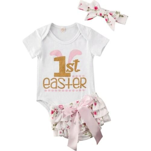 Cute Baby Clothes 2020 My 1st Easter Newborn Baby Girls Kids Tops Letter Bodysuit + Shorts + Headband 3pcs Clothes