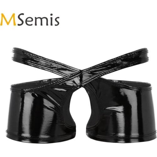 Mens Exotic Lingerie Sexy Open Crotch Two Symmetrical Sissy Panties Wetlook Leather Boxer Briefs Male Gay Latex Slips Underwear