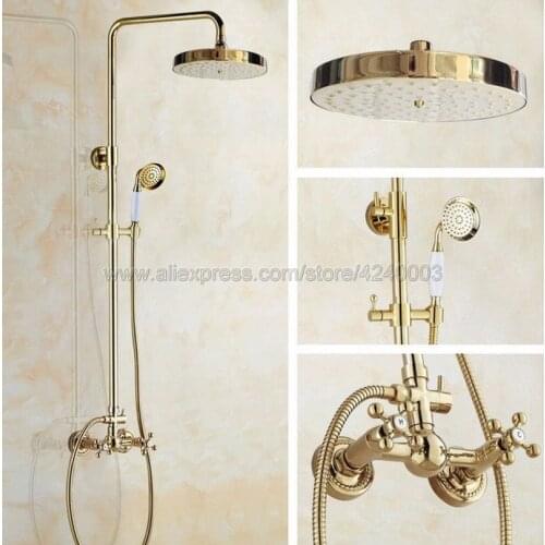 Golden Bathroom Rainfall Shower Faucet Set Double Handle Mixer Tap With Hand Sprayer Wall Mounted Bath Shower Sets Kgf335