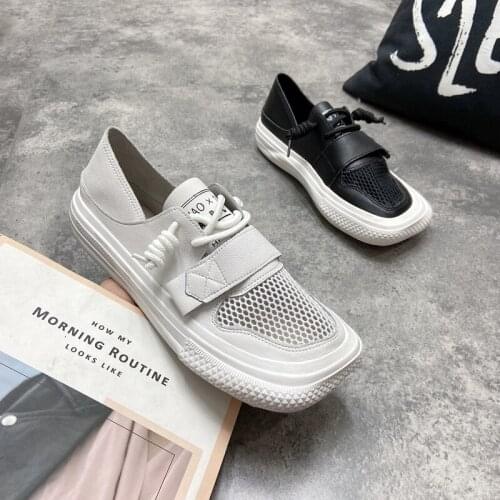 2021 spring and autumn womens new simple casual retro leather breathable mesh panel shoes flat comfortable