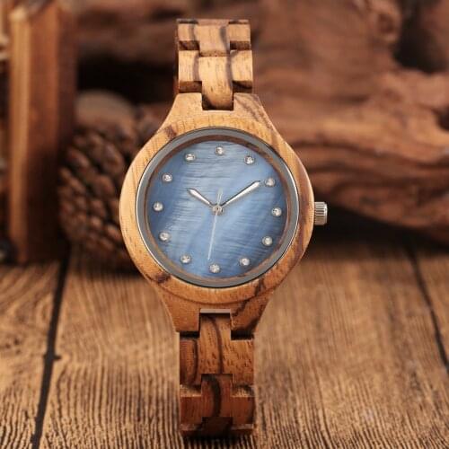 Charming Concise Blue Dial Rhinestone Quartz Wooden Watch Ladies Adjustable Wooden Band Bracelet Watch Womens Wrist Reloj Mujer