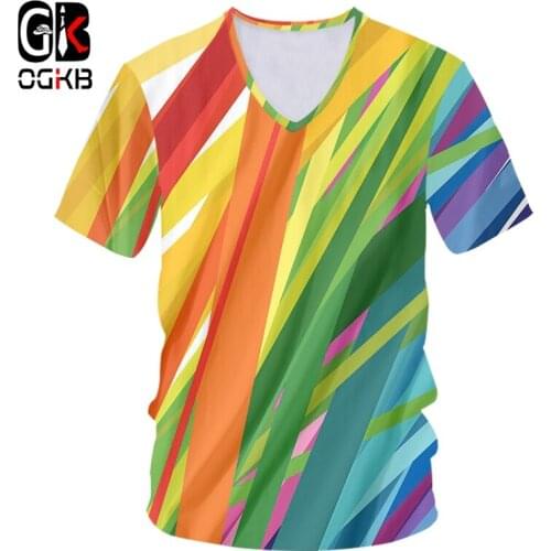 OGKB V-neck Tshirt Women/men Cool Print Rainbow King 3D T-shirt Stripe T Shirts Unisex Slim Fit Short Sleeve Casual Tees 7XL