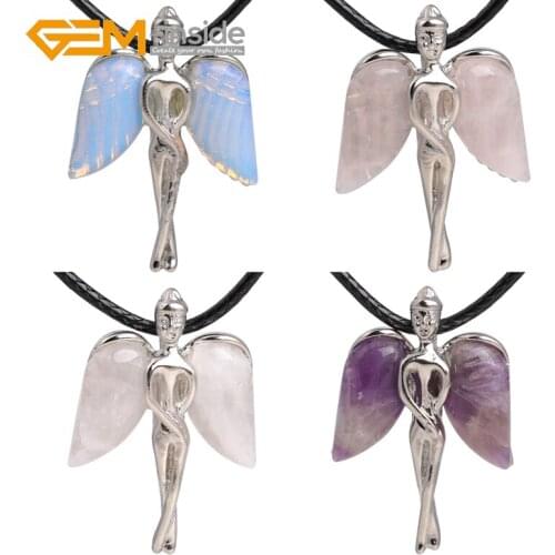 Necklace Women Girl Jewelry Pendant Zinc Alloy Angel Fairy Natural Quartzs Wing Leather Chains 16"Adjustable Trendy