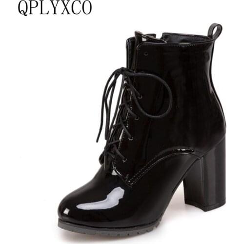 QPLYXCO Sale New Super Big Small Size 31-50 Winter warm ankle Boots Patent Leather shoes Women short Boots Lace up pumps T3-1