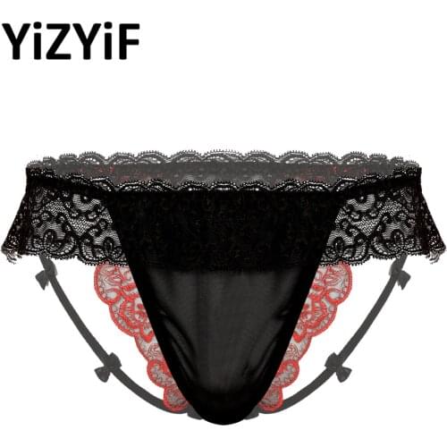 Sexy Lingerie Men Low Rise Ruffled Lace Panties Sissy Micro Penis Pouch T-Back G-string Briefs Erotic Gay Tanga Bikini Underwear