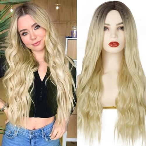 AZqueen Long Wavy Womens Synthetic Wig Natural Middle part Hair Ombre Wigs Platinum/Blonde/Black Wigs Heat Resistant for Women