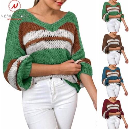 Fashion Women Autumn Winter Warm Sweaters Color Matching Design V-Neck Long Sleeve Casual Loose Pullovers Knitted Top