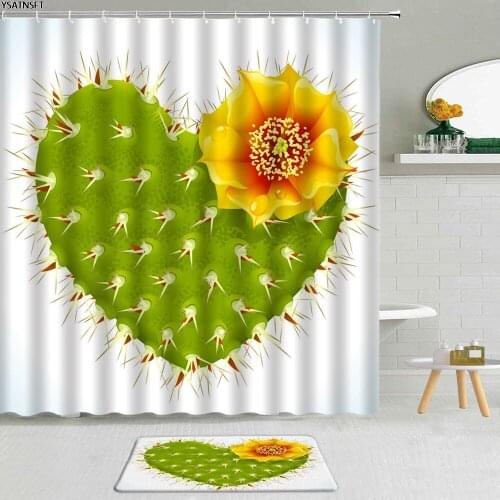 Tropical Plant Cactus Shower Curtain Creative Heart-Shaped Flower Polyester Fabric Non-Slip Bath Mat Bathroom Curtains Set Decor