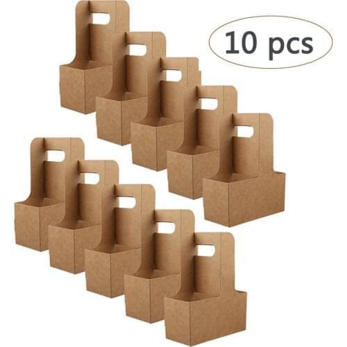 10pcs/set Take-out Kraft Paper Cup Holder Clip Disposable Coffee Drink Tray Base with Handle for 2 cup for Coffee shop Wholesale