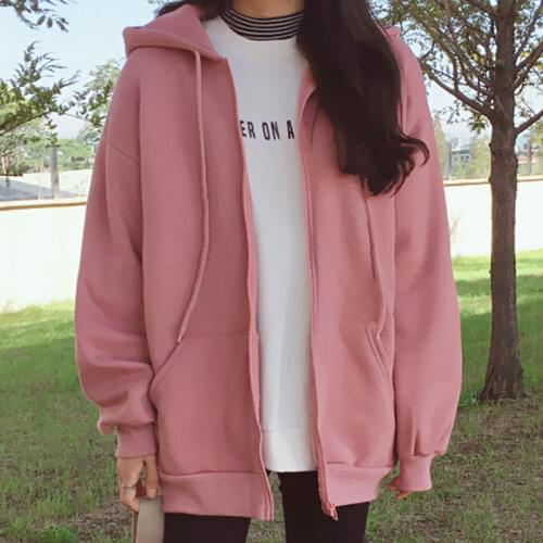 2021Ladies Korean Hoodie Retro Solid Color Long Sleeve Oversized Dalian Cap Pullover Ladies Casual Zipper Jacket Loose Top Women