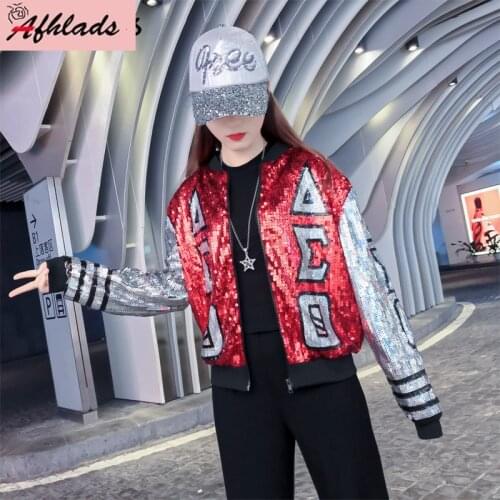 2020 Spring And Autumn Jacket Women Hip Hop Coat Letters Stand Neck Long Sleeve Zipper Sequins Patchwork Women Jacket Outerwear