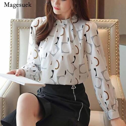 Casual Korean Fashion O-neck Clothing Women Print Blouse Vintage White Black Autumn Tops Long Sleeve Chiffon Blouse 6053 50