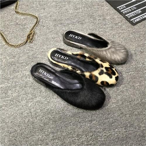 Europe and the United States 2021 horse hair flat flat square heel womens sandals round head foot slipper wrap head slipper
