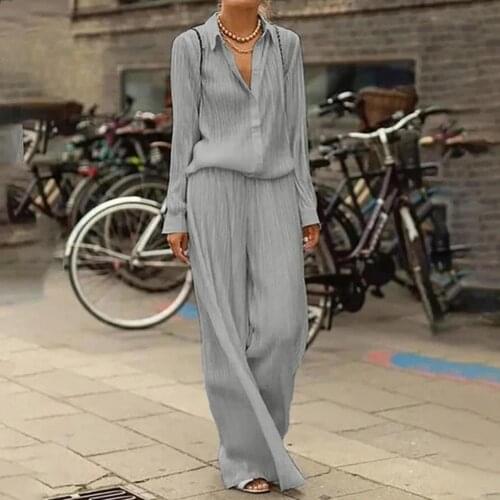 Summer Long Sleeve Button Shirt + Long Pants Outfit Solid Autumn Women Loose Two Piece Set Elegant Office Lady Shirt Suit
