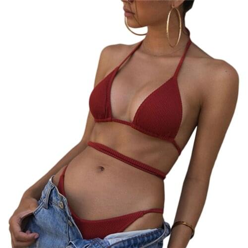 2021 Swimsuit Women Sexy Two-piece Bikini Personality Solid Color Cross Bandage Backless Slim Fit Swimsuit Maillot De Bain