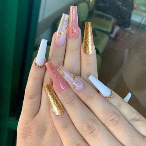 24pcs/Set Long Gold Glitter Fake Nails Mixed White Pink Rhinestone Decal Acrylic Ballerina Nail Art Beauty Full Tips with Glue