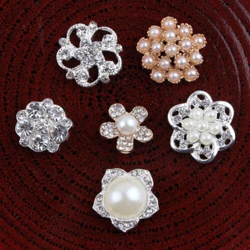 50pcs/lot) 6 Styles Factory Price Handmade Metal Rhinestone Pearl Buttons Artificial Alloy Crystal Flatback Wedding Buttons