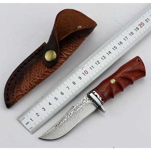 Free shipping Handmade Damascus steel Hunting Knife Camping Survival Knife Fixed Blade Tactical Knife red wood handle