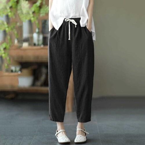 Womens Solid Pants Cotton And Linen Pocket Elastic Waist Loose Drawstring Trousers Ladies Fashion Classic Long Pants