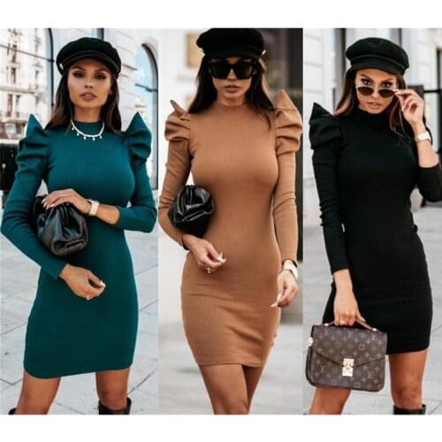 Black Casual Women Knitted Dress Slim Long Puff Sleeve Mini Dress Bodycon Party Dress 2021 Spring Elegant Fashion Office Clothes
